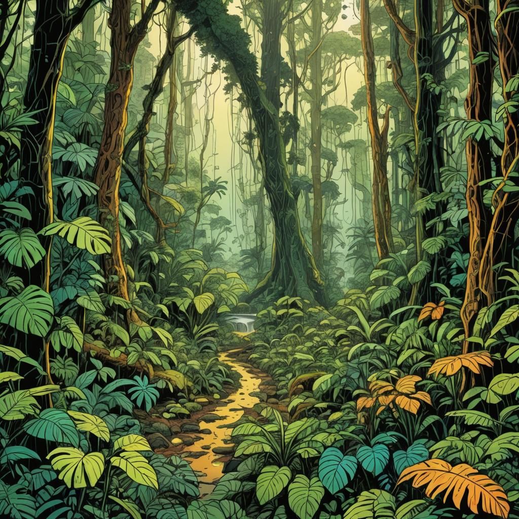 Lush Rainforest Floor in Comic Book Style