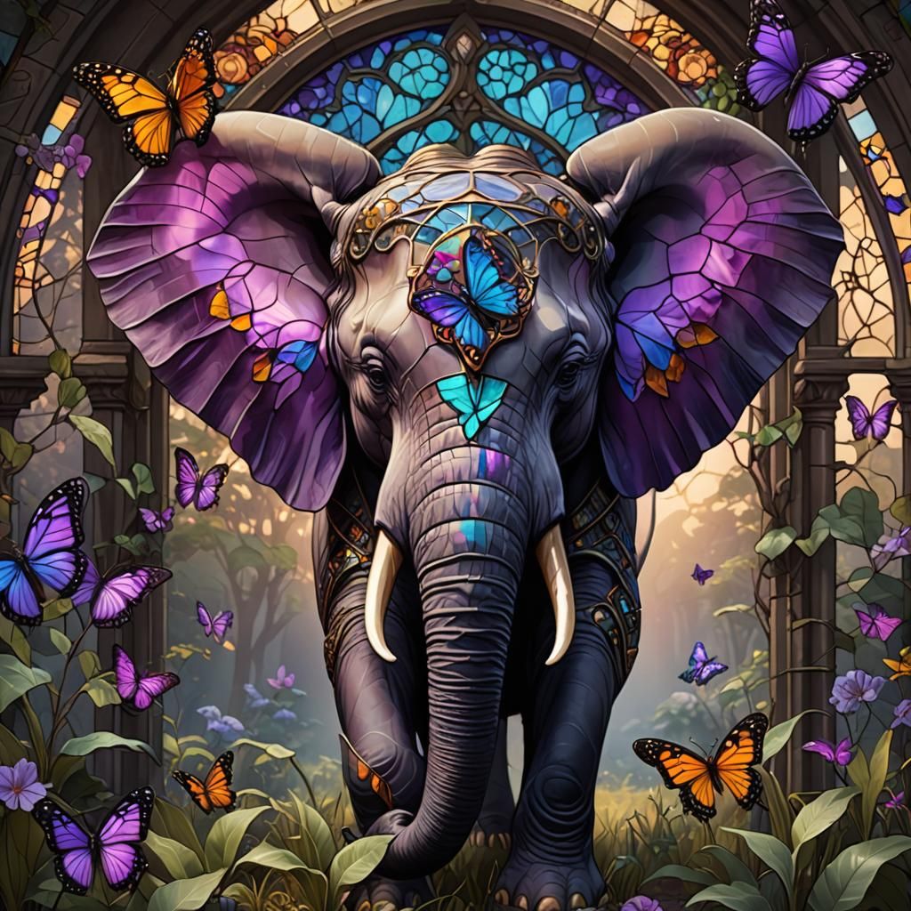 Stained Glass Elephant with Butterfly Art