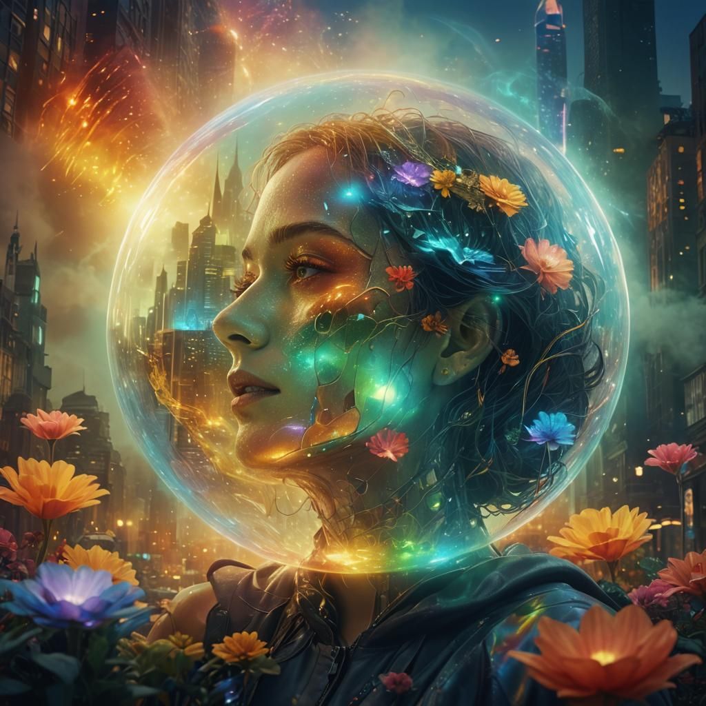 Surreal Woman in Dreamlike Cityscape: 3D CGI Art