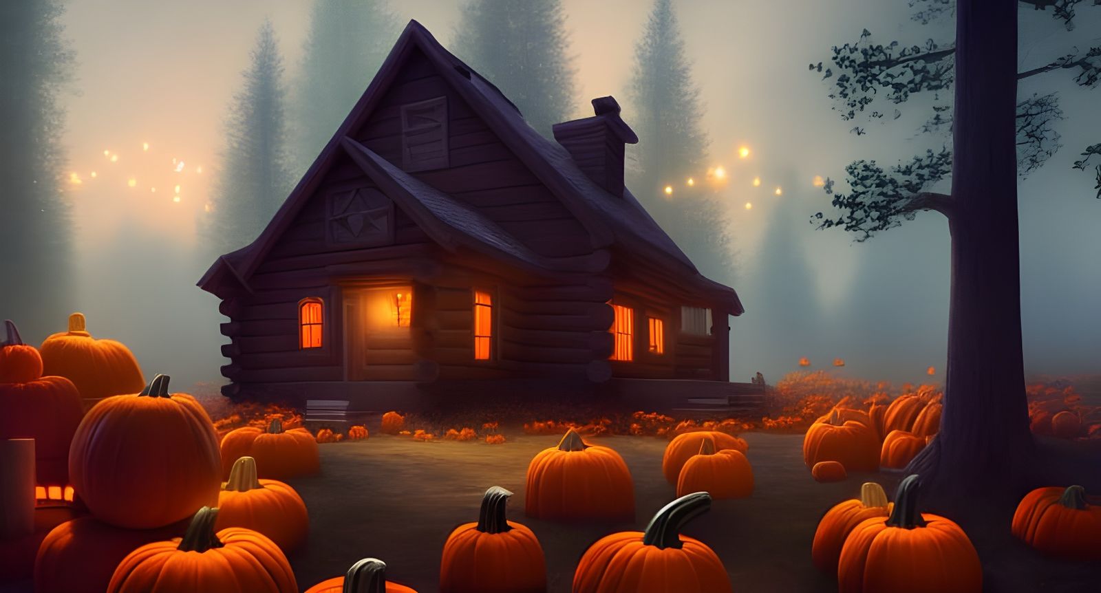 Autumn Cabin in Forest with Lanterns: Digital Illustration