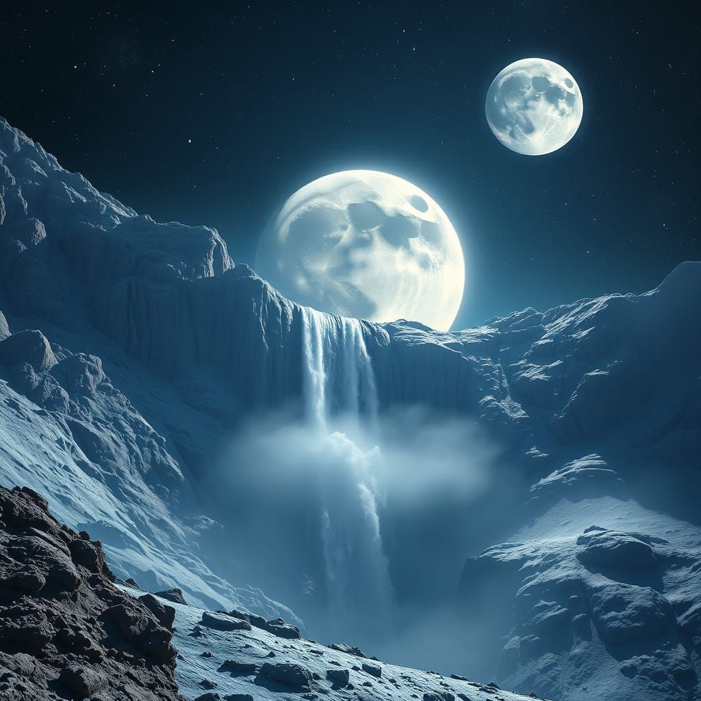 A waterfall on the moon plunges towards earth from  the moon. Wide angle shot. The lunar landscape is stark and desolate...