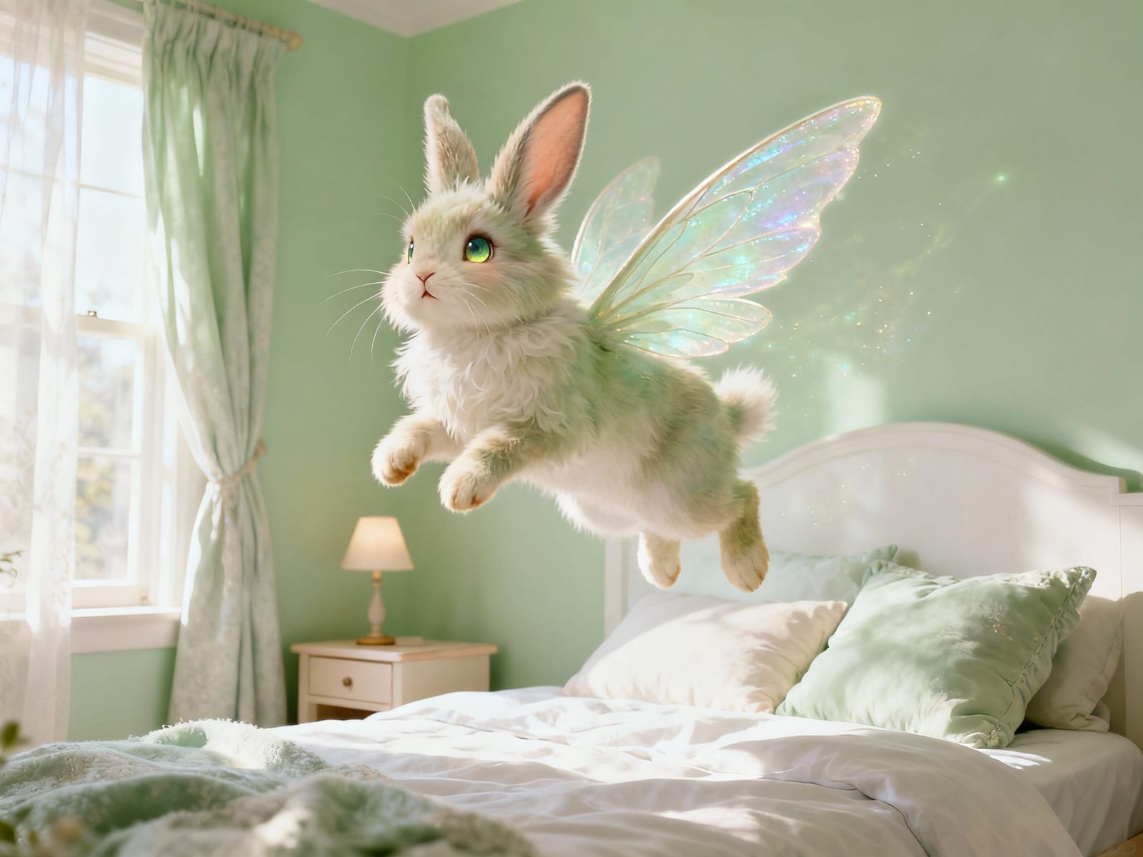 Cute Cat-Rabbit Creature Floating in Warm Light
