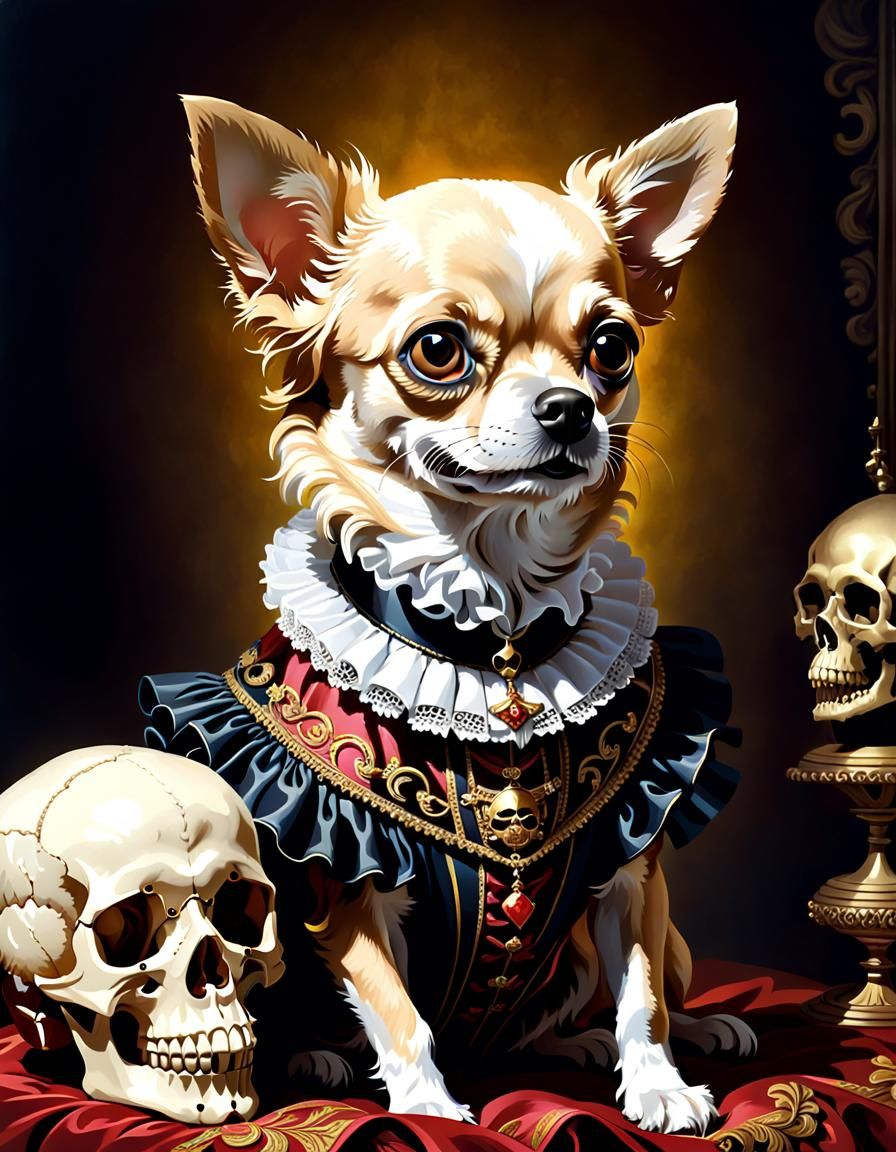 Shakespeare Chihuahua with Skull in Detailed Matte Painting