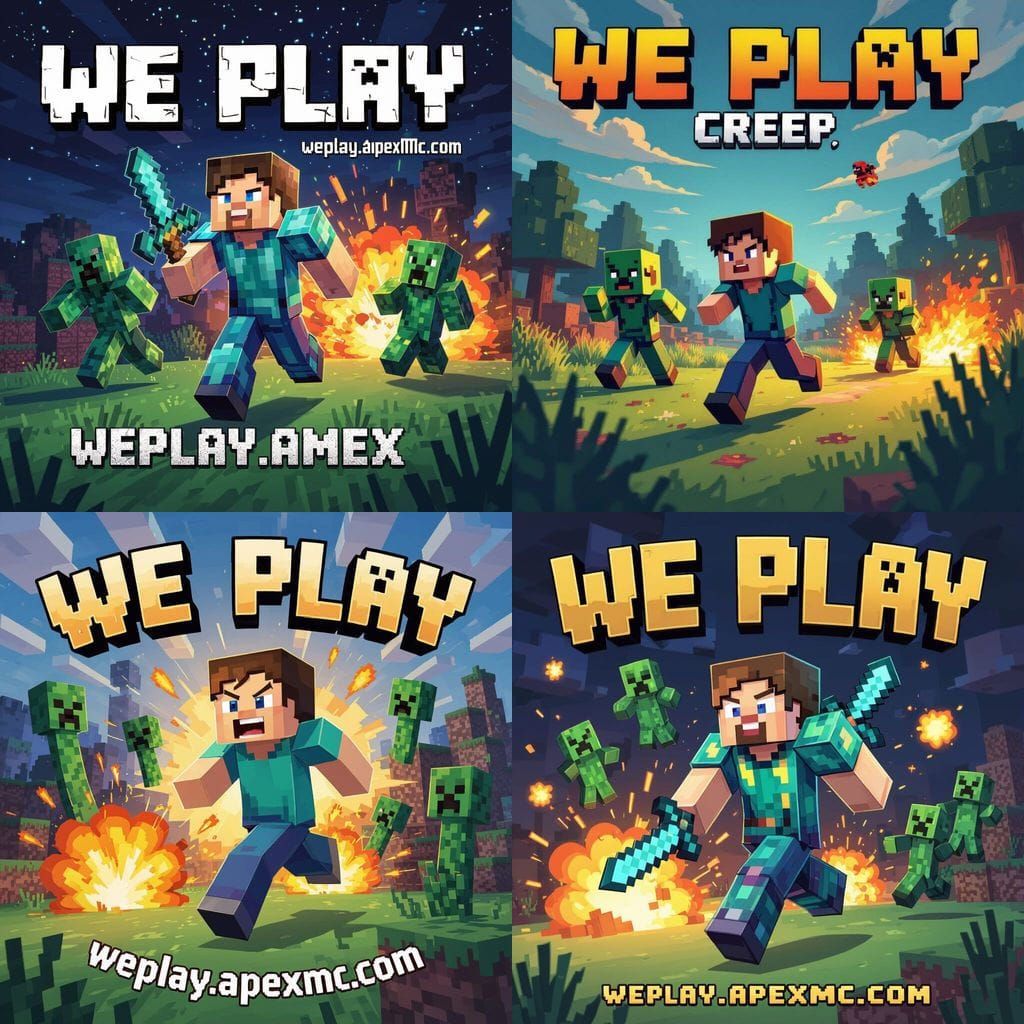 Minecraft Server Logo: We Play with Steve Fleeing Creepers