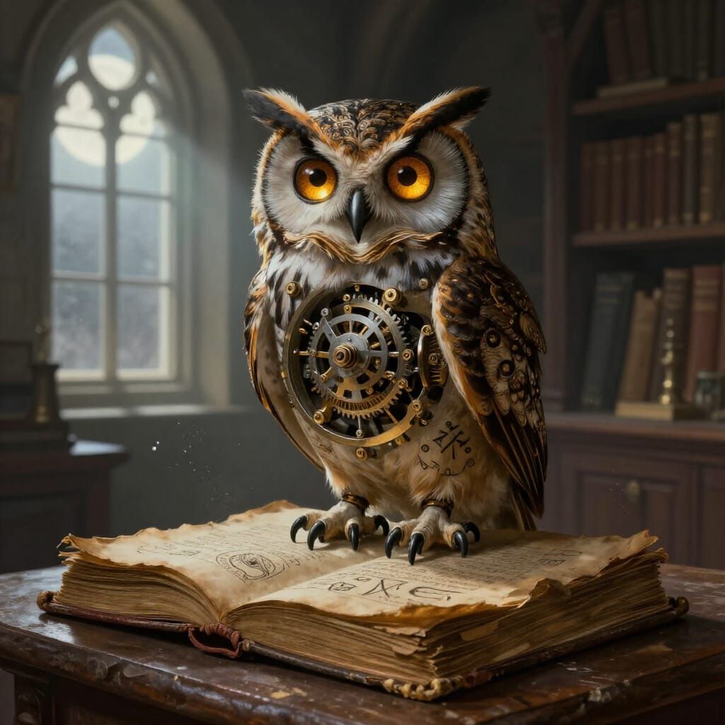 Clockwork Owl on Ancient Tome in Stone Library