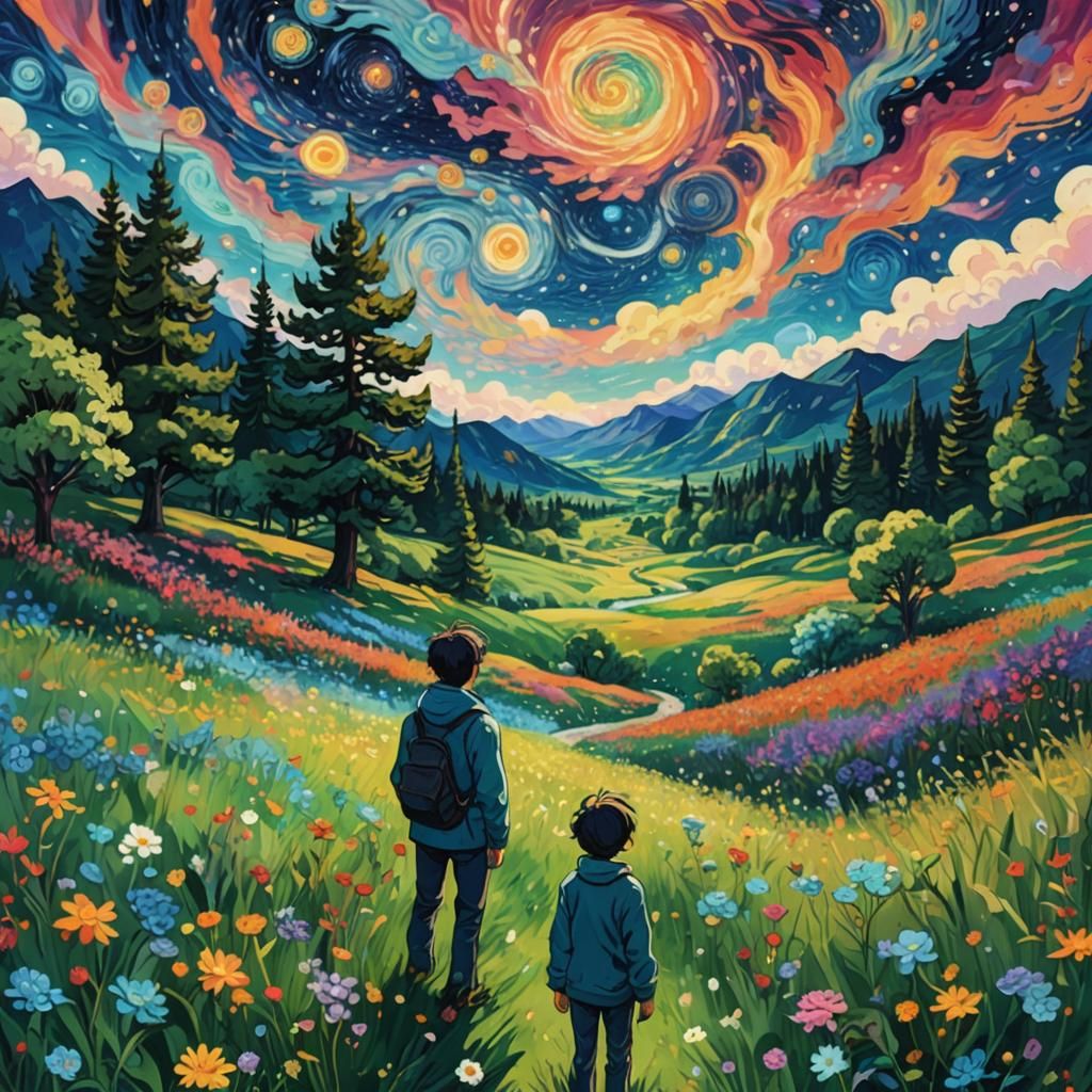 Dreamlike Anime Landscape with Van Gogh Sky