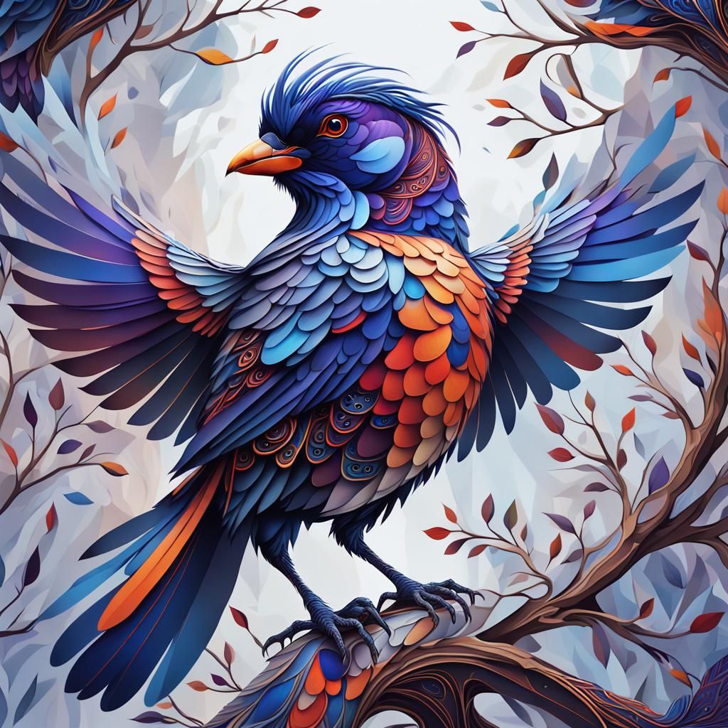 Vibrant Bird with Geometric Plumage in Digital Matte Paintin...