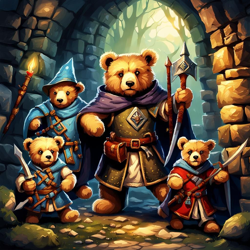 Teddy Bear Adventurers in a Medieval Lair