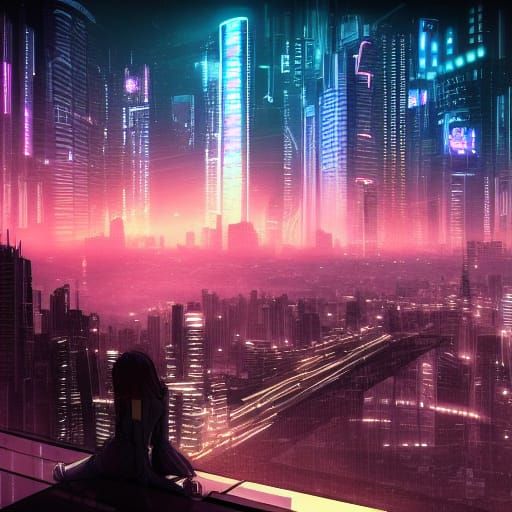 Cyberpunk Anime Couple in Bed with City View