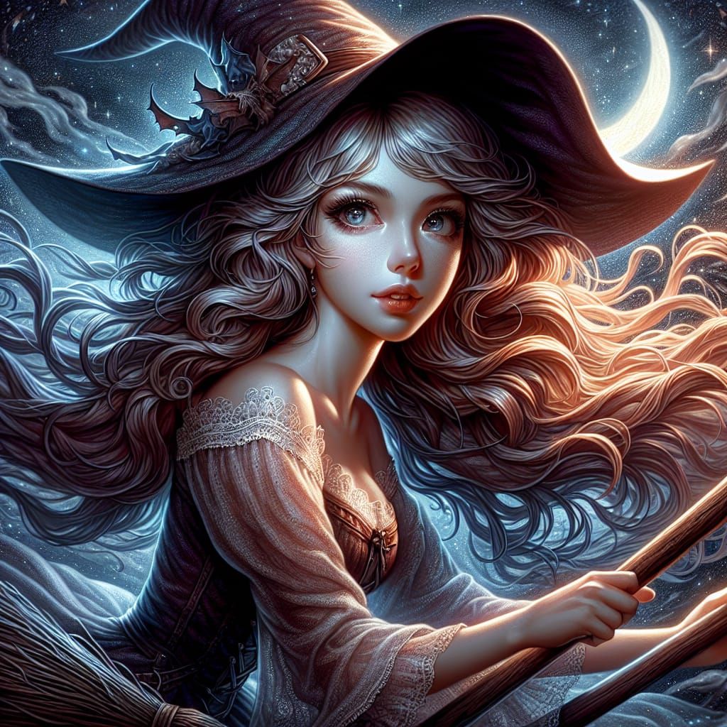Witch Rides Broomstick Under Crescent Moon in Splash Art