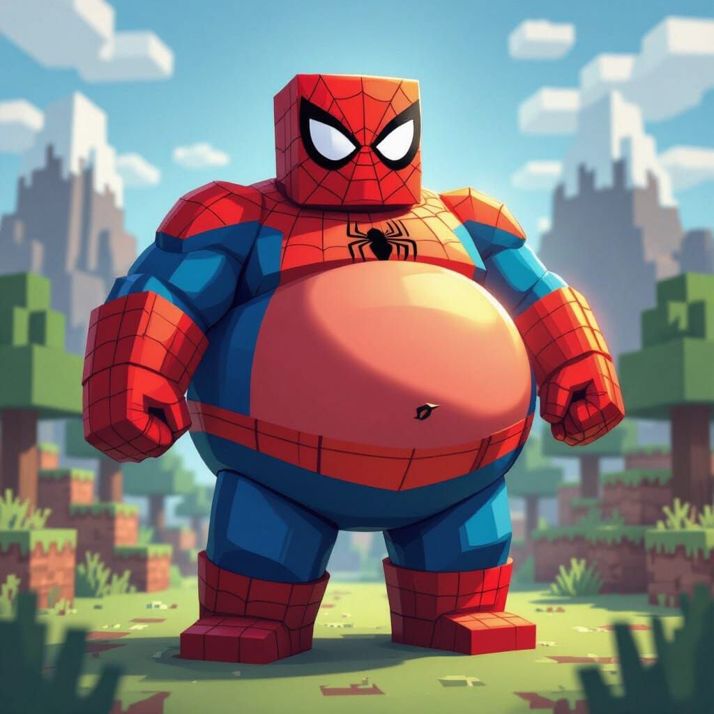 Fat Spider-Man in Minecraft Style with Divine Aura