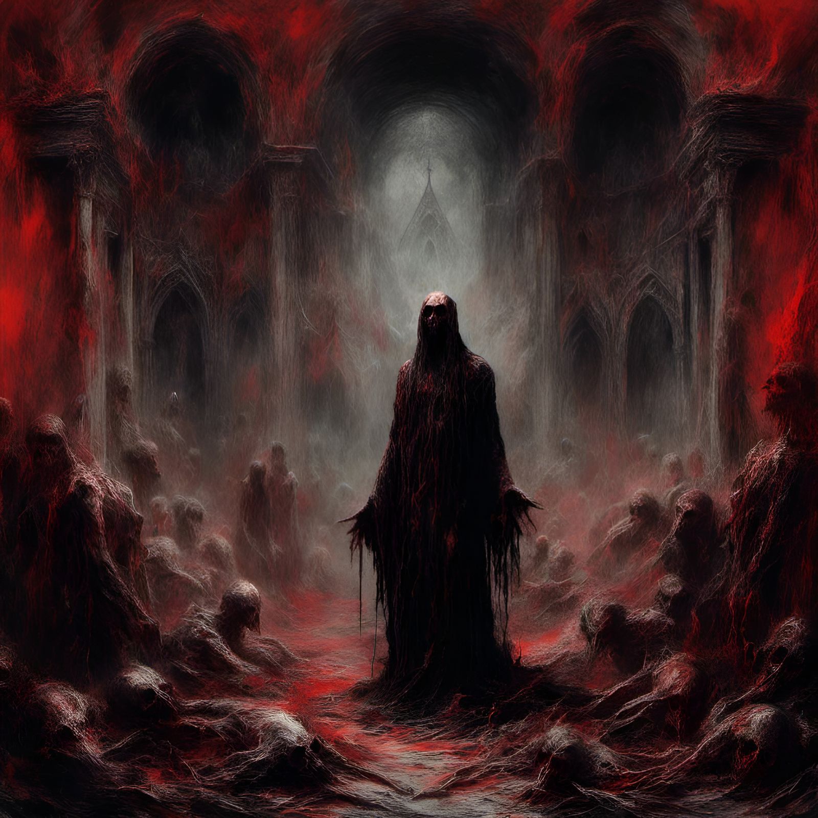 Macabre Demon at Satanic Altar in Red Fog