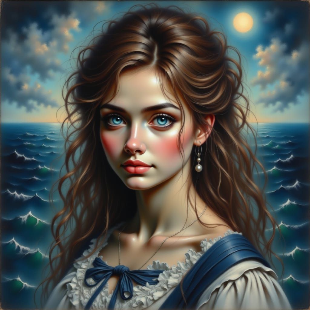 Enchanting Woman in Vintage Sailor Dress by Moonlit Sea