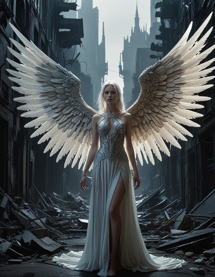 Fallen Angel Amidst Futuristic Ruins in Cyberpunk Style