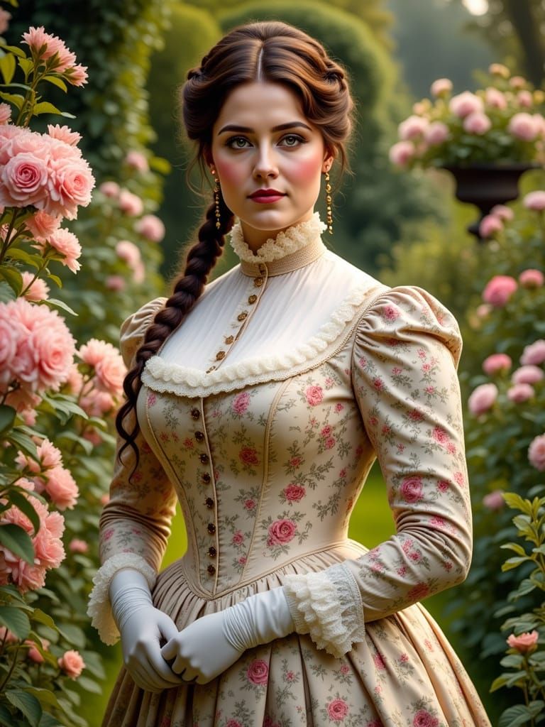Victorian Woman in Floral Garden, Impressionist Style
