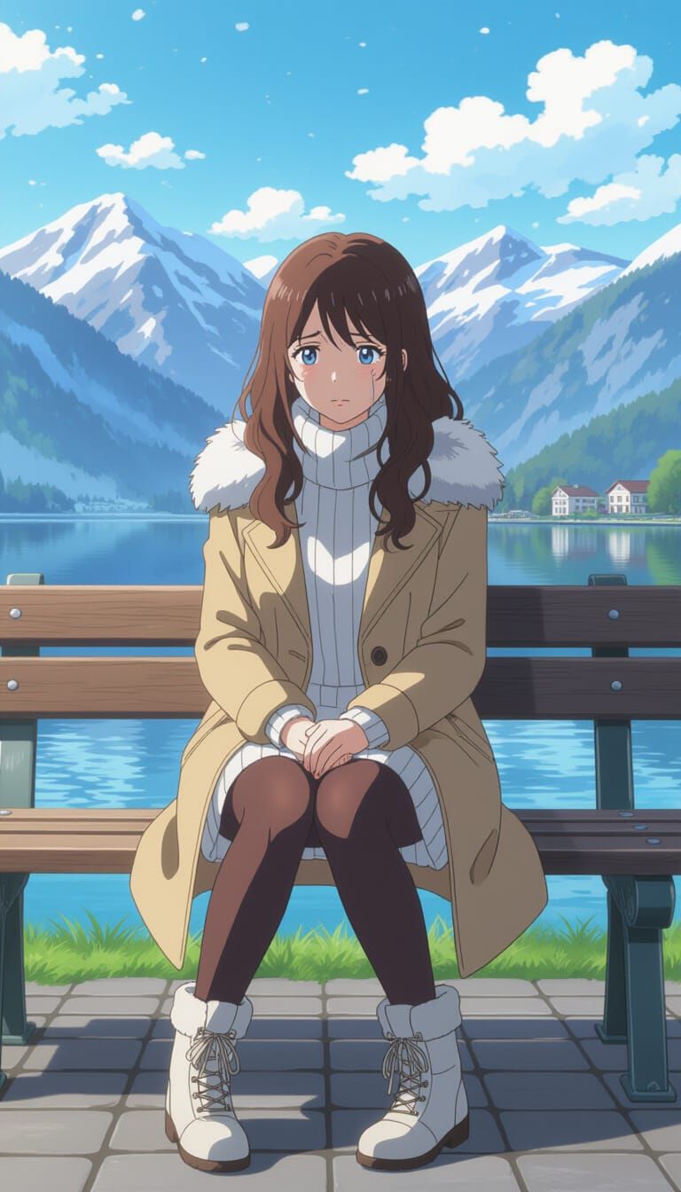 Anime Woman's Emotional Pain Overlooking Swiss Alps