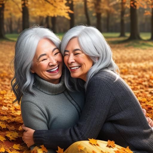 Women Share Joyful Moment in Autumn Leaves
