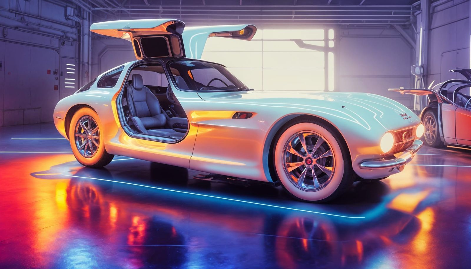 Electric Retro-Futuristic Gullwing Coupe Car in Science Hang...
