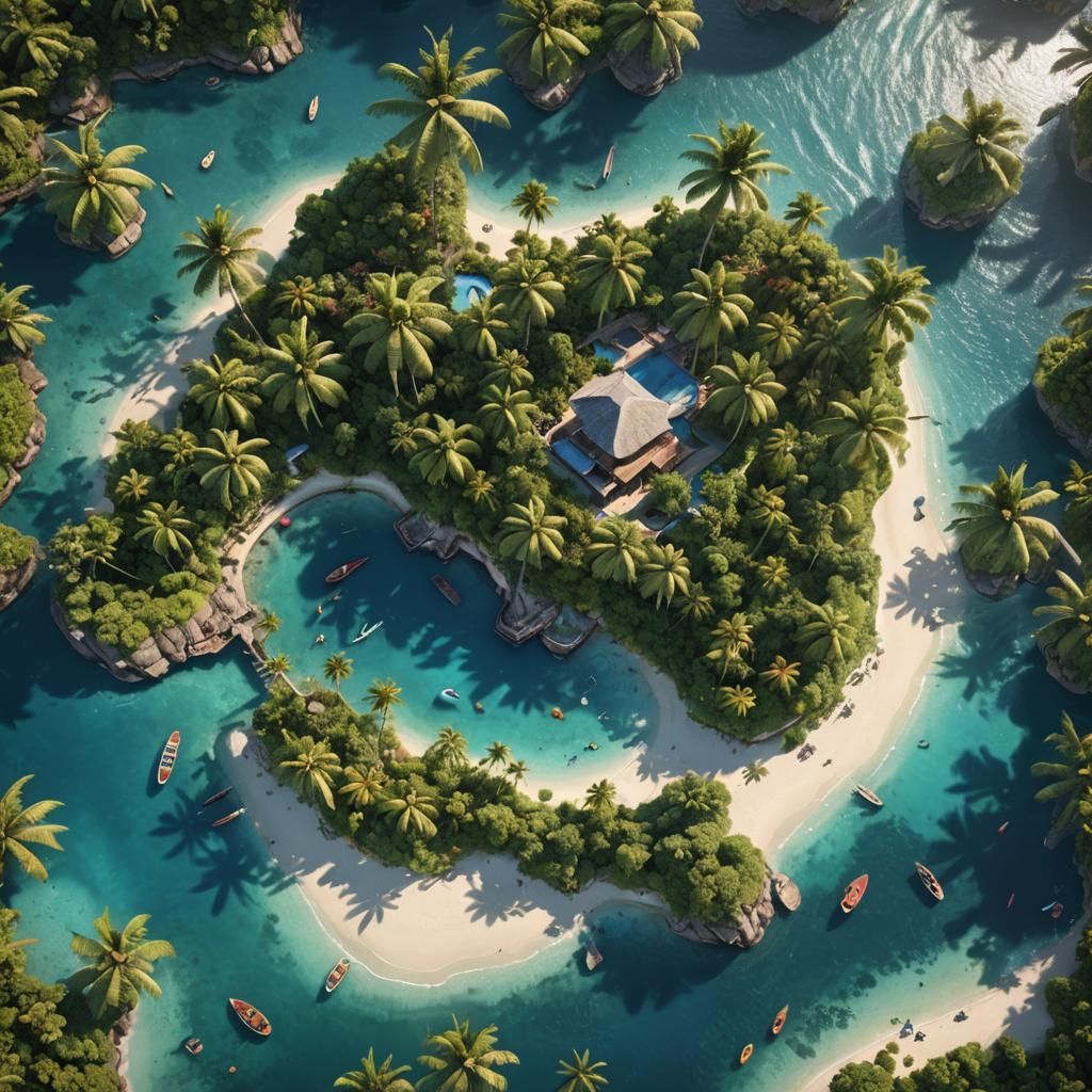 Tropical Island Aerial View in Detailed Digital Art
