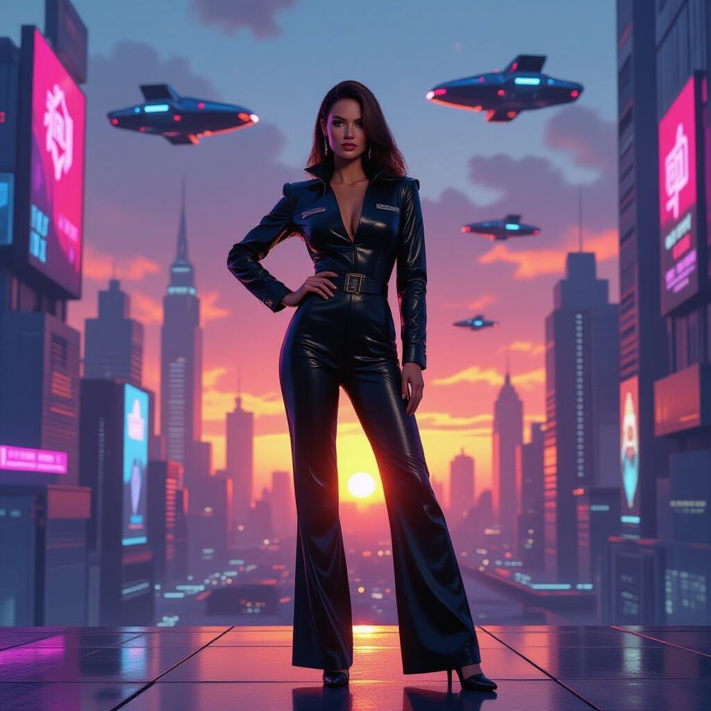 Retro-Futuristic Woman in Neon Cityscape at Golden Hour