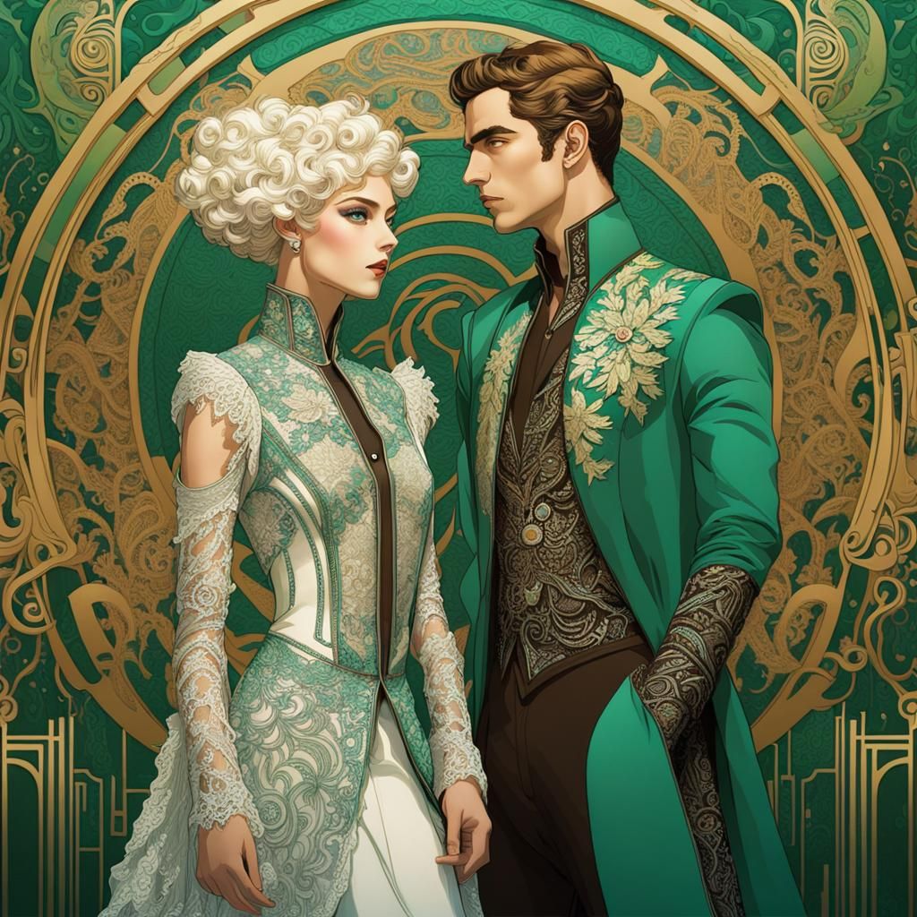 Futuristic Lacepunk Gay Couple in Art Nouveau Style