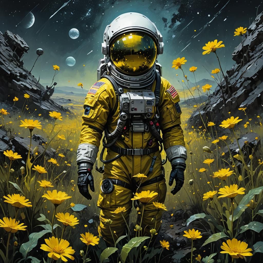 Astronaut Among Yellow Flowers on Alien Planet