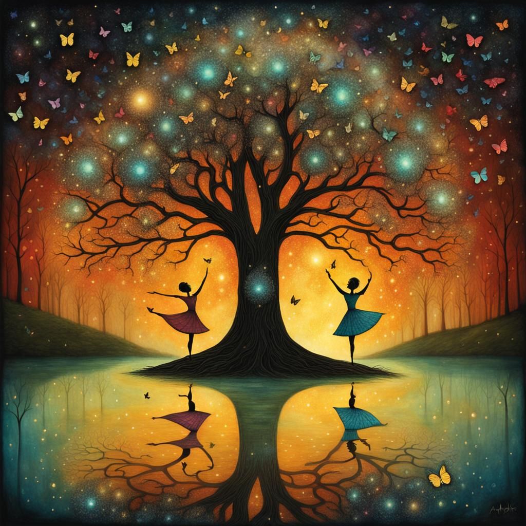 Happy Dancers by the Solitary Tree by the Lake. AI image prompt in my tutorials!