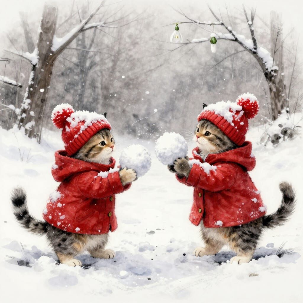 Anthropomorphic Cats Play Snowball Fight in Winter Watercolo...