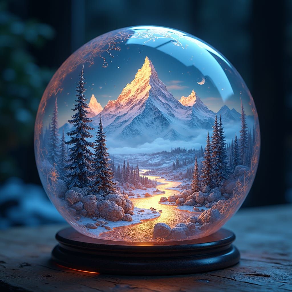 Fantastical Glass Crystal Ball Contains Snowy Mountain Range...