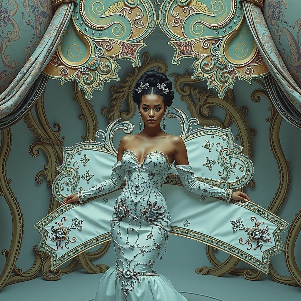 Dreamy Woman Posing in Surreal 3D Psychedelic Scene