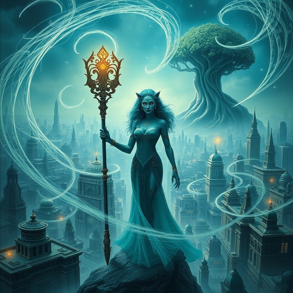Mystical Teal Leopard Woman in Futuristic Cityscape