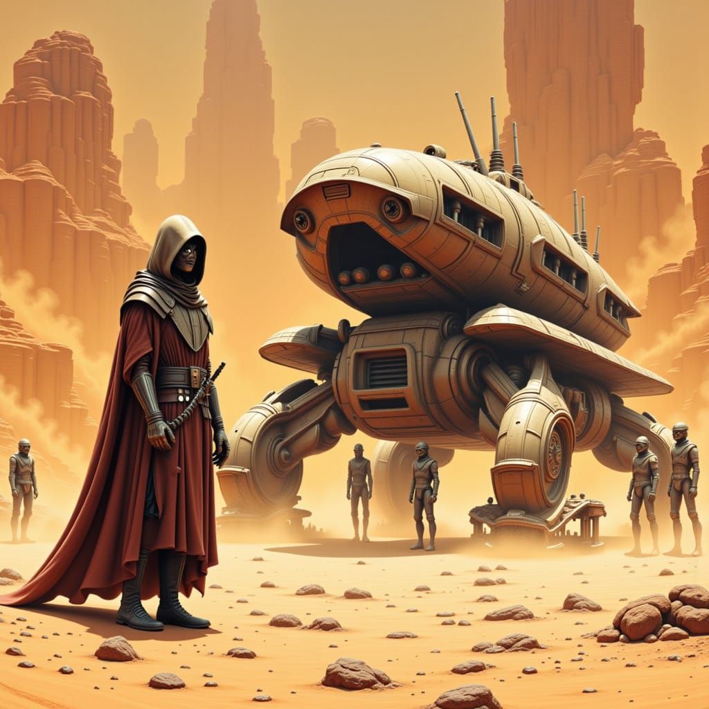 Jawa in Desert Landscape as Moebius Illustration