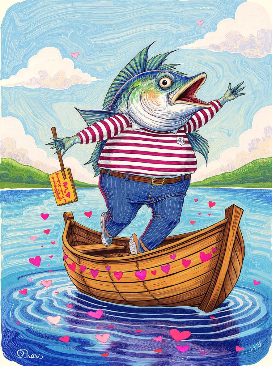 Anthropomorphic Fish Dances with Fisherman in Splash Art Boa...
