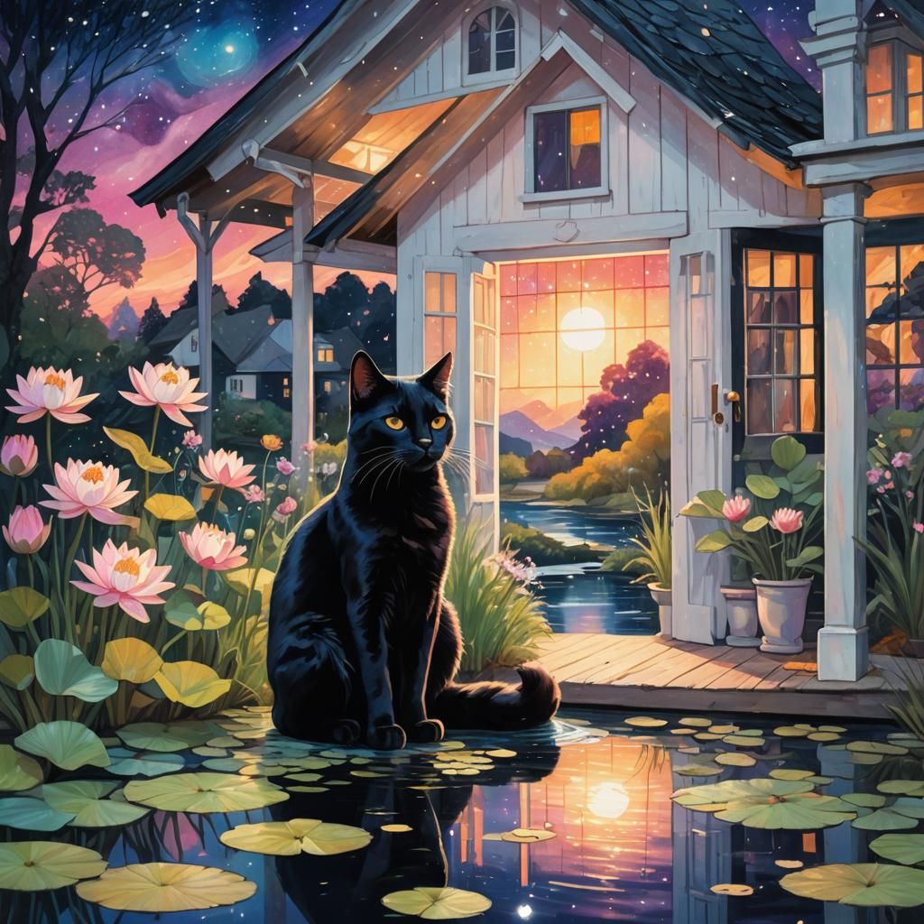 Black Cat on Cottage Porch in Cosmic Illustration