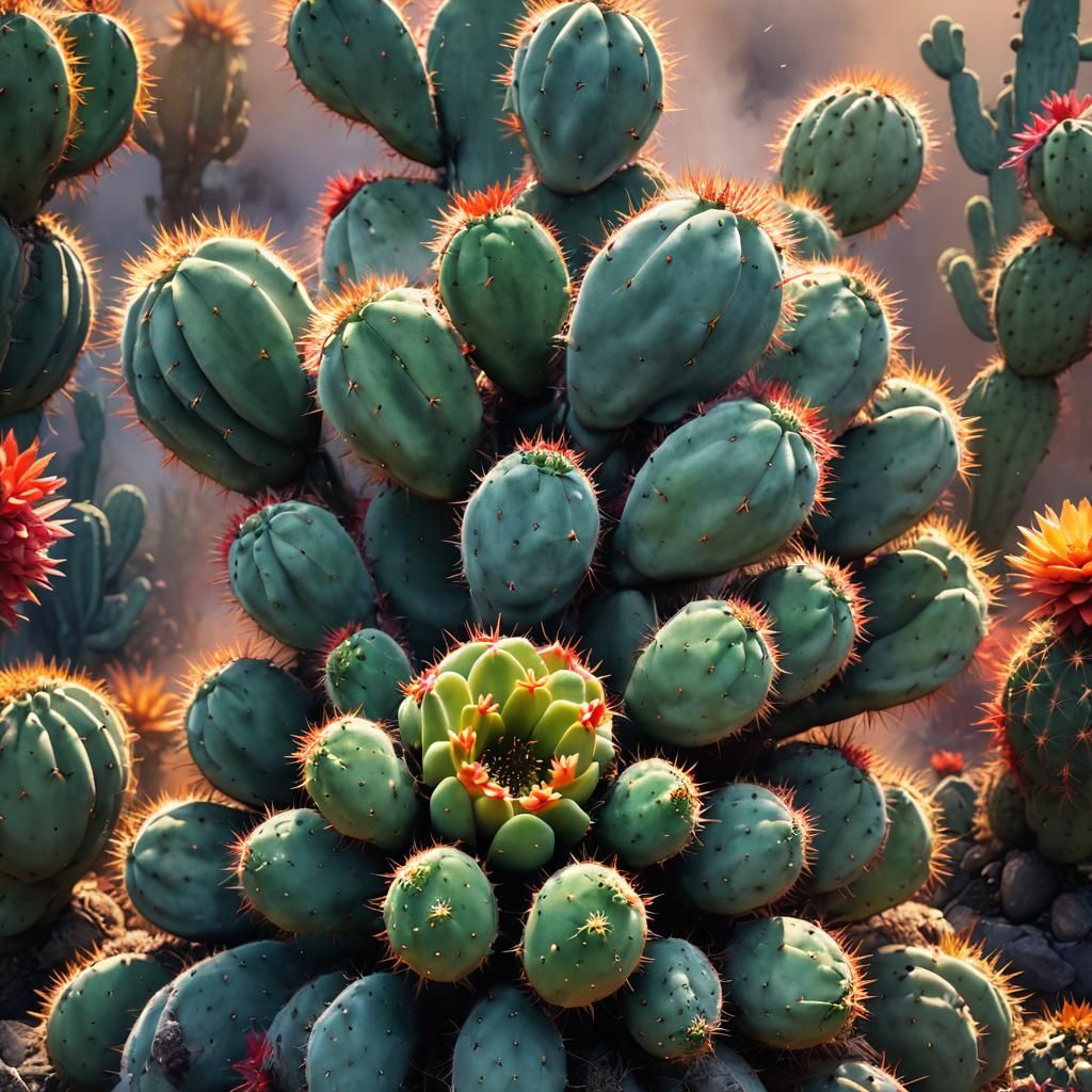 Vibrant Cactus with Swirling Smoke: Photorealistic Digital A...