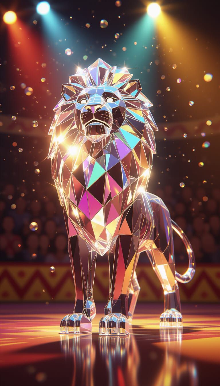Crystal Lion in Circus Ring with Rainbow Reflections