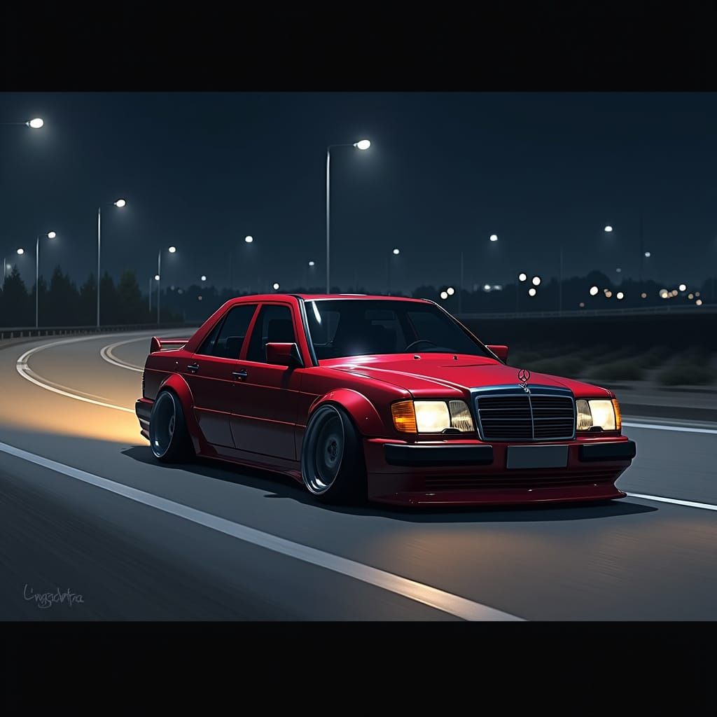 Deep Crimson Mercedes W124 Speeds Through the Night