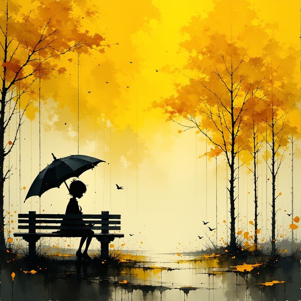 Child with Umbrella on Rainy Autumn Bench