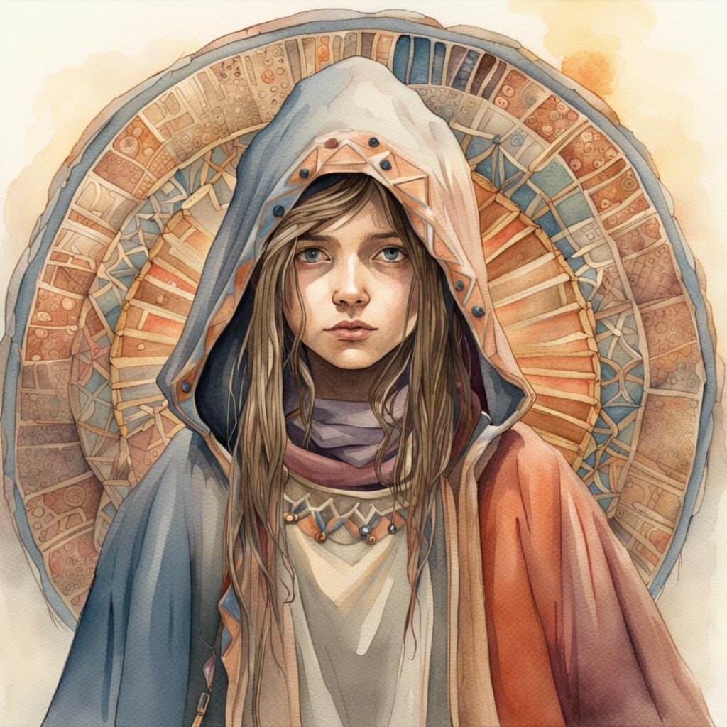 Intricate Watercolour of Hooded Girl Near Yurt