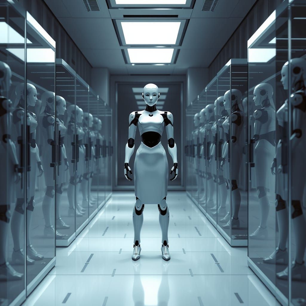 Sleek Female Robots Awaken in Futuristic Laboratory