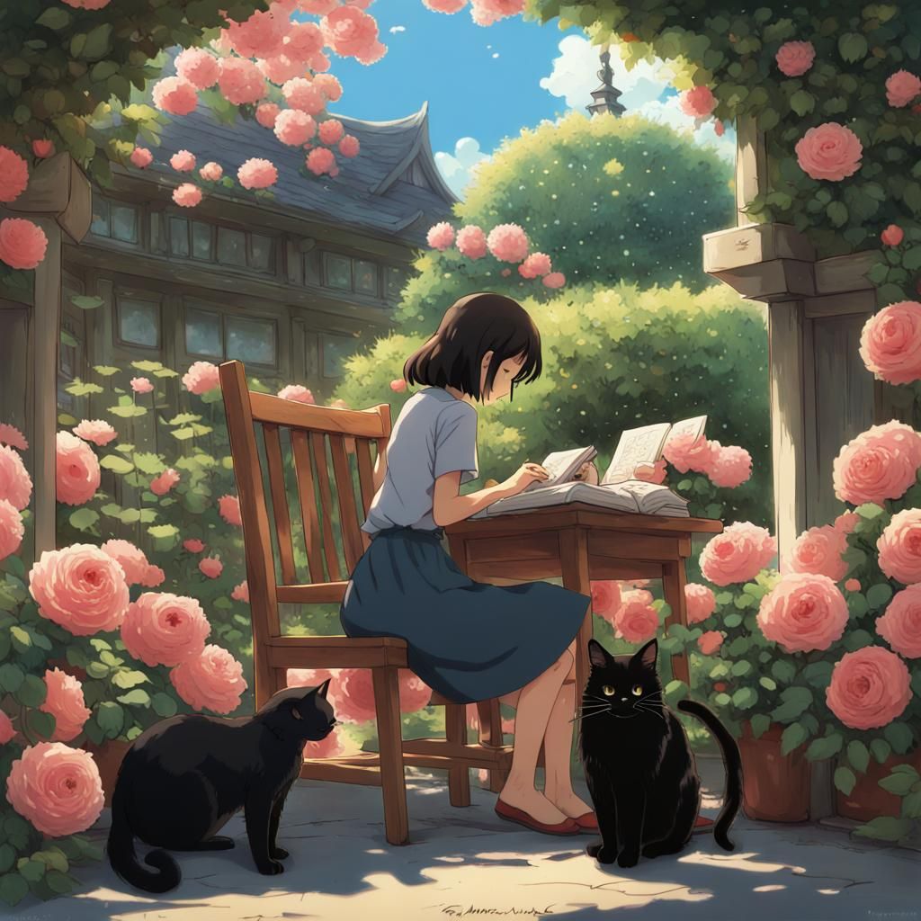 Girl and Cat in Rose Garden, Ghibli Anime Style