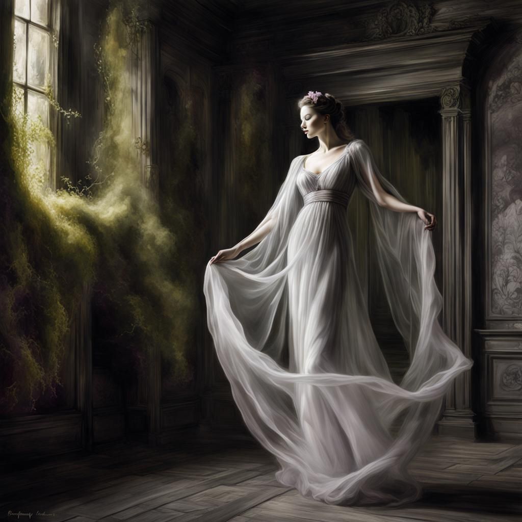 Ethereal Ghost Dancing in a Haunted House: Graphite Art
