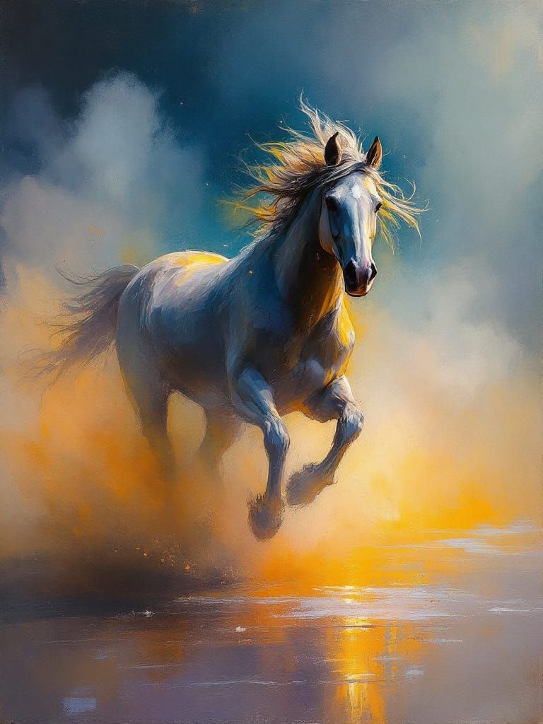Horse Gallops Through Fiery Sky in Luminous Painterly Style