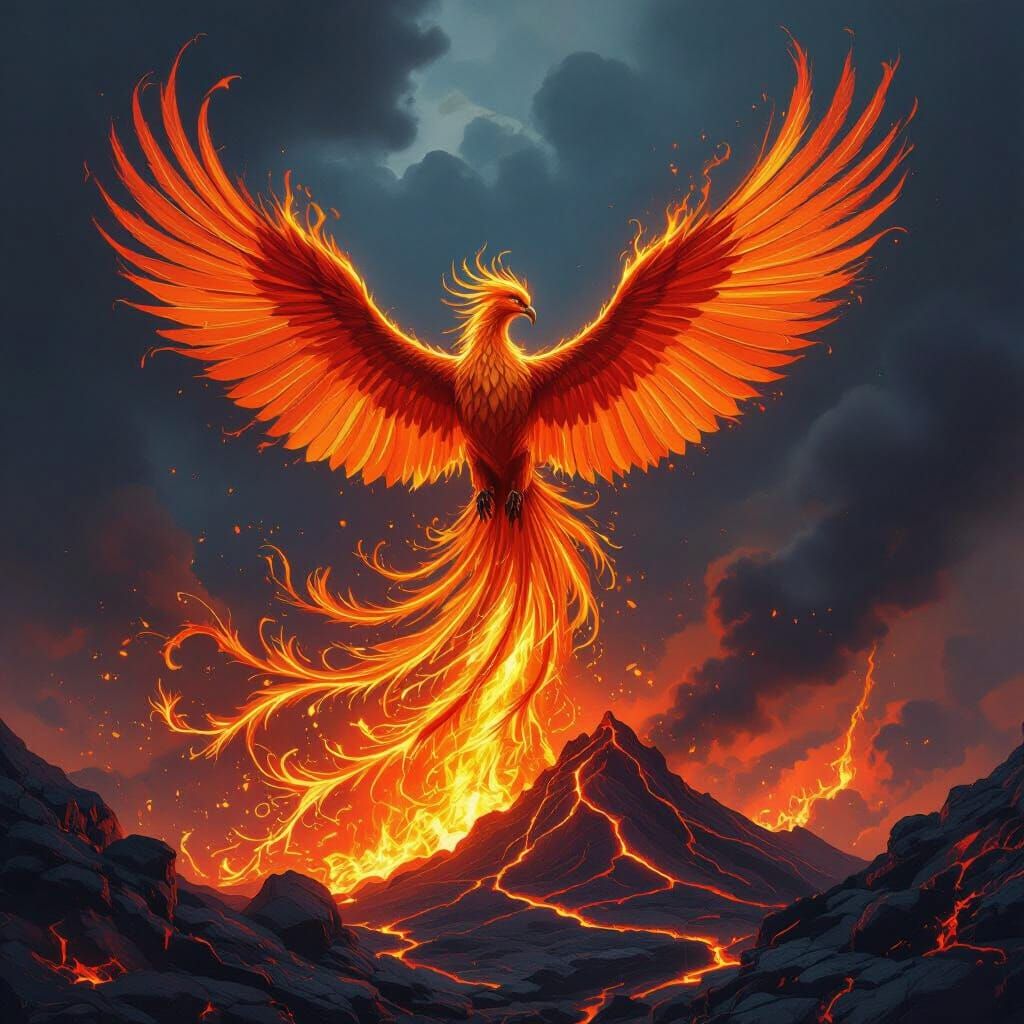 Phoenix Rising from Volcanic Eruption in Dark Fantasy Style