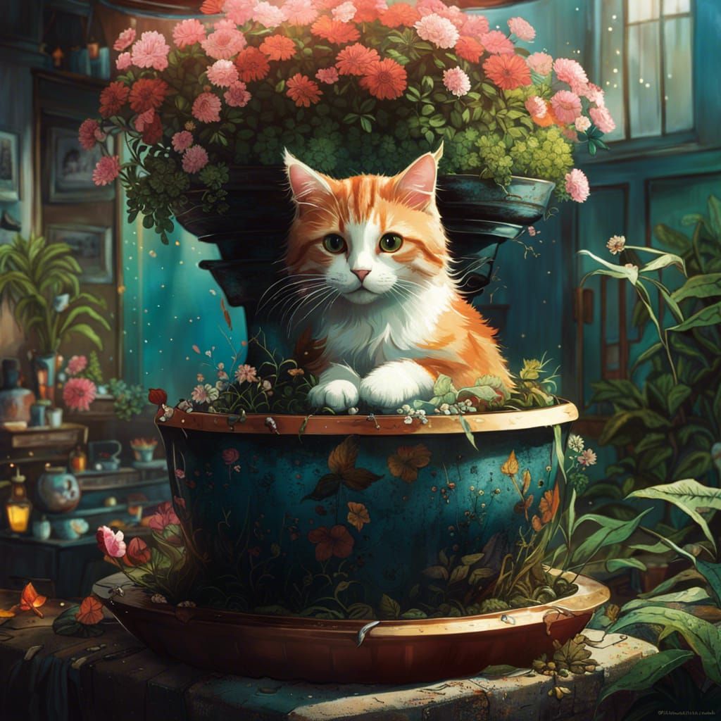 Cat in Flowerpot: Hyperdetailed Digital Art