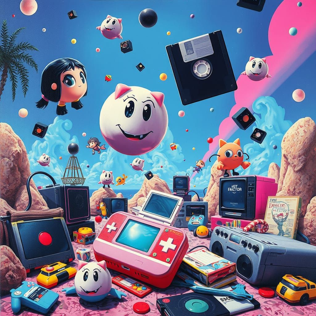 a pop surrealism piece infused with 90s nostalgia, featuring...