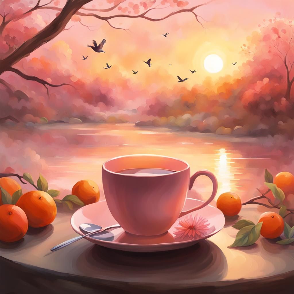 Tranquil Morning Landscape with Coffee and Sunrise