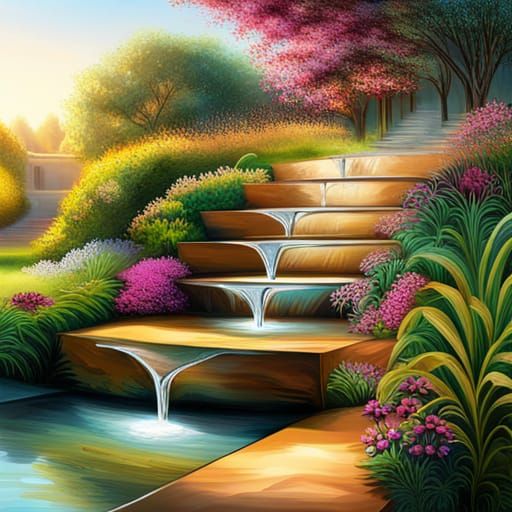 Hyperrealistic Garden with Water Fountain at Sunset