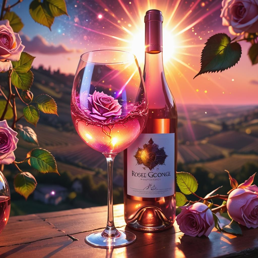 Hyperrealistic Rosé Wine with Cosmic Sunset Flare