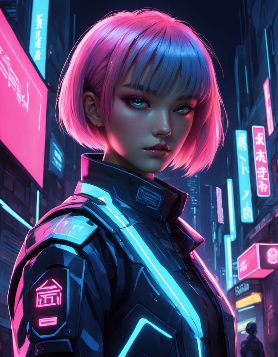 Cyberpunk Schoolgirl with Neon Hair in Anime Style